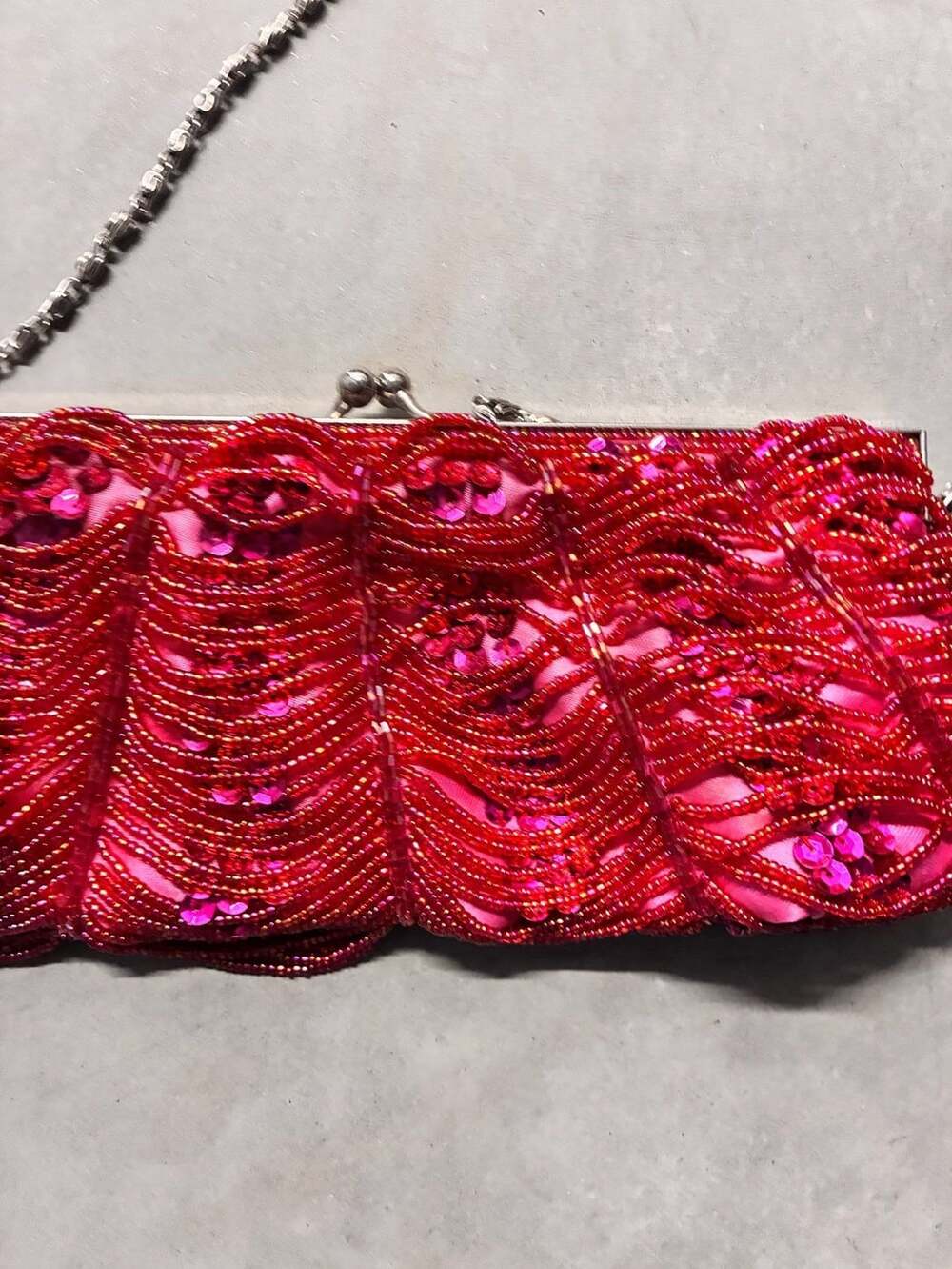 Vintage Red Beaded and Sequined Evening Clutch Purse with Chain